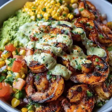 Grilled Shrimp Bowl with Avocado, Corn Salsa & Creamy Garlic Sauce