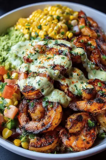 Grilled Shrimp Bowl with Avocado, Corn Salsa & Creamy Garlic Sauce