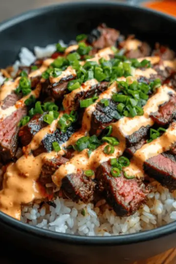 Korean BBQ Steak Rice Bowls with Spicy Cream Sauce