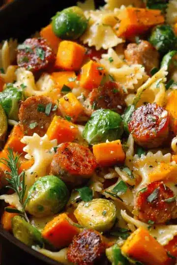 Autumn Dinner with Sausage, Pasta, Brussels Sprouts and Butternut Squash