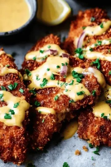 Pretzel Crusted Chicken with Cheddar-Mustard Sauce