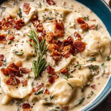 Creamy Pierogi Chicken Soup with Rosemary Bacon