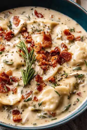 Creamy Pierogi Chicken Soup with Rosemary Bacon