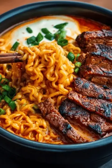 Spicy Korean Ramen with Grilled Beef & Creamy Sauce
