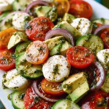 Tomato Cucumber Avocado Salad with Mozzarella and Basil Pesto