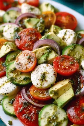 Tomato Cucumber Avocado Salad with Mozzarella and Basil Pesto