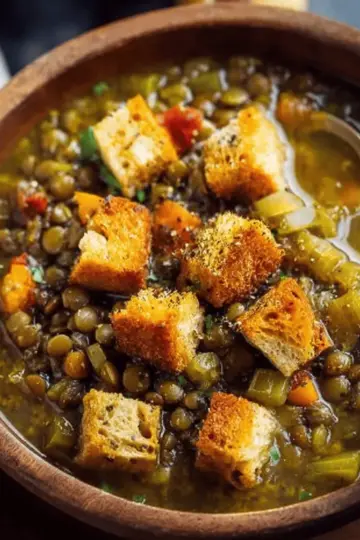 Lentil Potato Soup with Homemade Croutons