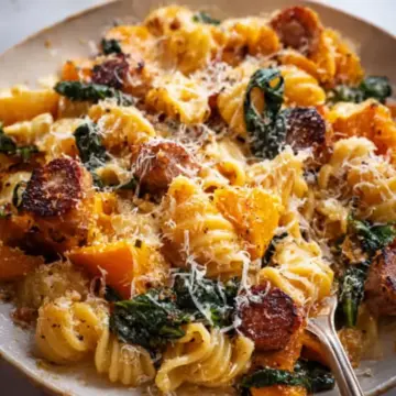 Baked Butternut Squash, Spicy Sausage and Spinach Pasta