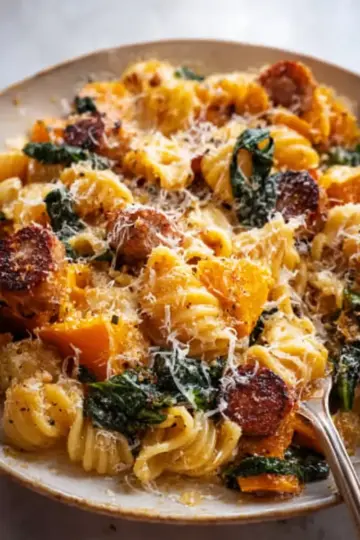 Baked Butternut Squash, Spicy Sausage and Spinach Pasta