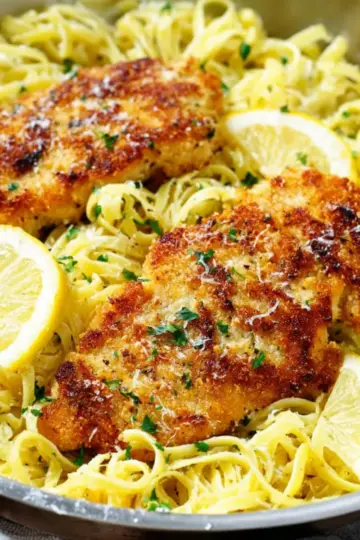 Romano Chicken with Lemon Garlic Pasta