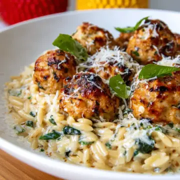 Baked Chicken Ricotta Meatballs with Creamy Spinach Orzo