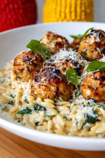 Baked Chicken Ricotta Meatballs with Creamy Spinach Orzo