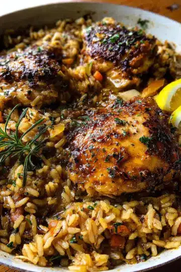 One Pot Lemon Rosemary Dijon Chicken and Butter Toasted Rice Pilaf