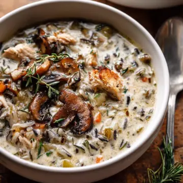 Creamy Wild Rice Chicken Soup with Roasted Mushrooms.