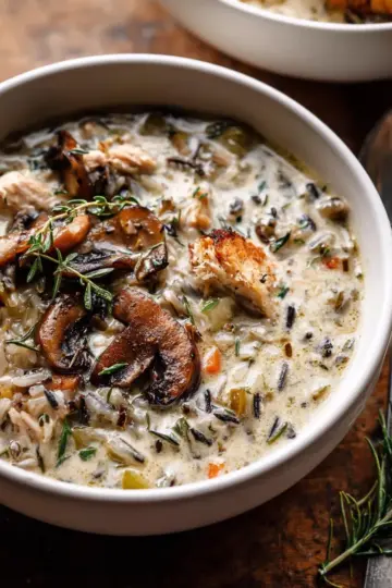 Creamy Wild Rice Chicken Soup with Roasted Mushrooms.