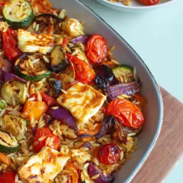 Baked Orzo Roasted Mediterranean Vegetables with Halloumi