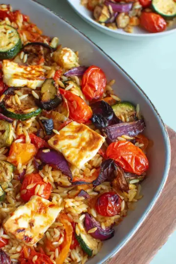 Baked Orzo Roasted Mediterranean Vegetables with Halloumi